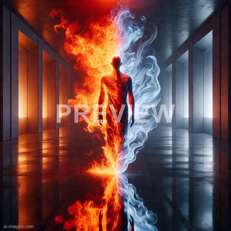 The image depicts a human figure standing in a modern, minimalistic corridor with reflective flooring and evenly spaced rectangular openings on both sides. The person's body is split into two halves, with the left side engulfed in bright orange and red flames, and the right side surrounded by swirling white and blue smoke, creating a striking contrast between fire and air. The background features a dark ceiling and walls, emphasizing the vivid, dynamic elements surrounding the figure.